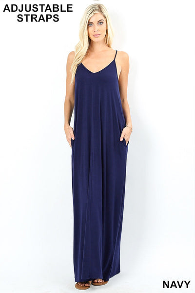 1535 0/0S VNeck ADJ Maxi DRESS w PKTS in NAVY JV-T33C