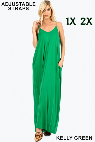 1536 0/0S VNeck ADJ Maxi DRESS w PKTS in KELLY GREEN JV-C22B