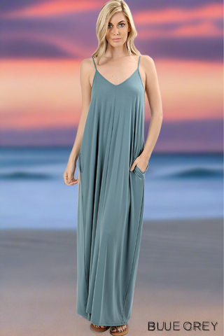 1537 0/0S VNeck ADJ Maxi DRESS w PKTS in BLUE GREY JV-J8A