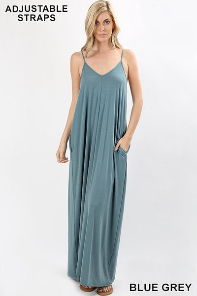 1537 0/0S VNeck ADJ Maxi DRESS w PKTS in BLUE GREY JV-J8A