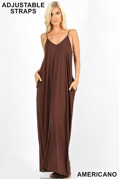 1538 0/0S VNeck ADJ Maxi DRESS w PKTS in AMERICANO JV-J13A
