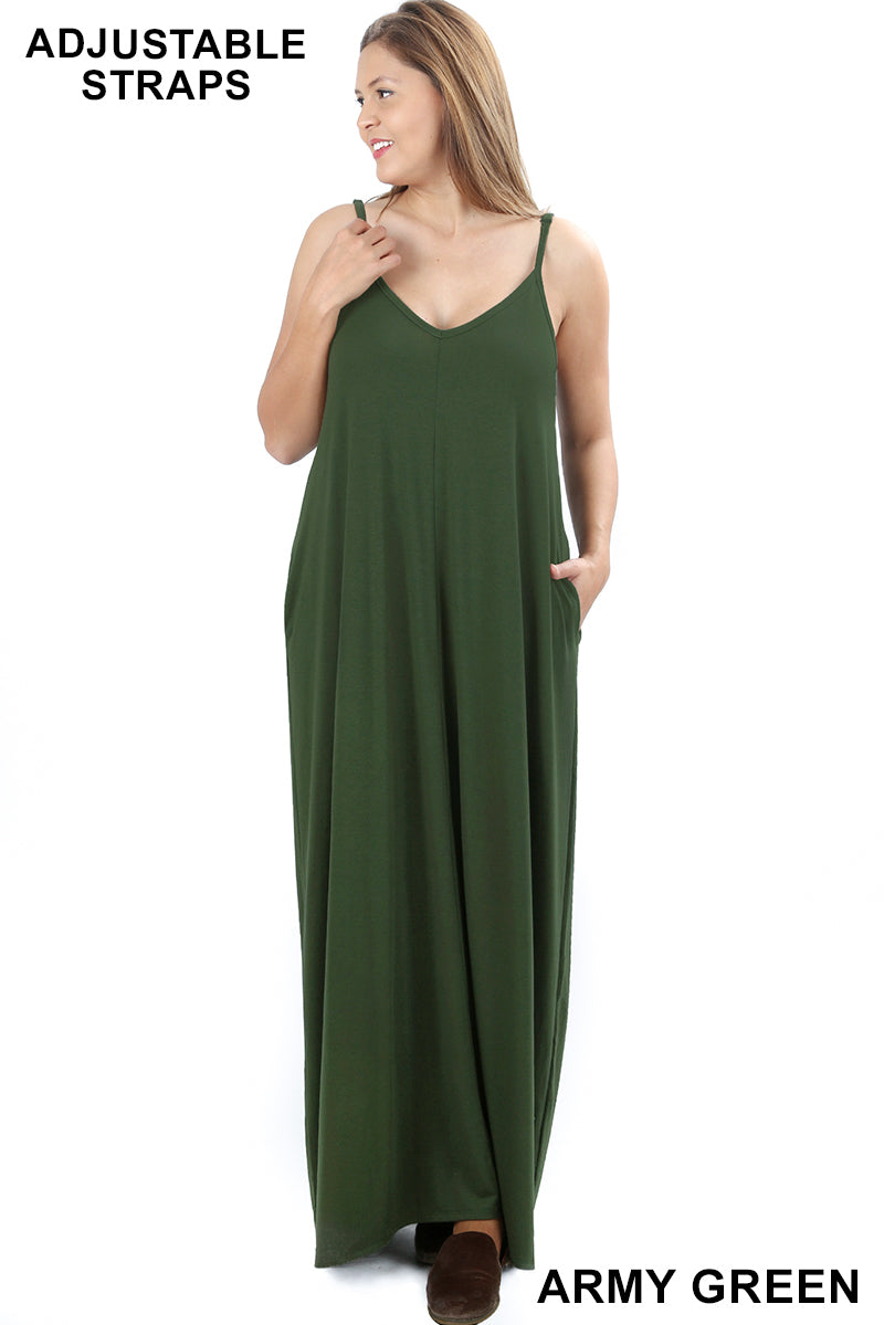 1541 0/0S VNeck ADJ Maxi Dress w PKTS in ARMY GREEN JV-T33B