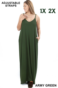 1541 0/0S VNeck ADJ Maxi Dress w PKTS in ARMY GREEN JV-T33B