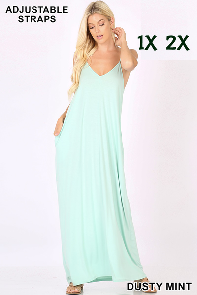 1543 0/0S VNeck ADJ Maxi Dress w PKTS in DUSTY MINT HQ-A22T