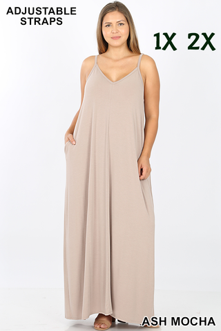 1546 0/0S VNeck ADJ Maxi Dress w PKTS in MOCHA HQ-D27T