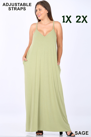 1547 0/0S VNeck ADJ Maxi Dress w PKTS in SAGE JV-T2B