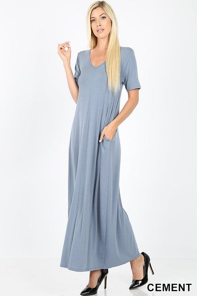 1549 1/4S VNeck Maxi DRESS w PKTS in CEMENT JV-I32C