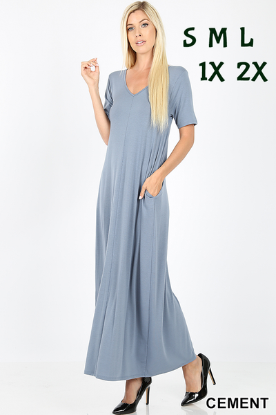 1549 1/4S VNeck Maxi DRESS w PKTS in CEMENT JV-I32C