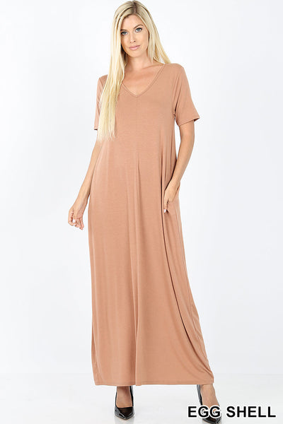 1550 1/4S VNeck Maxi DRESS w PKTS in EGGSHELL JV-I18C