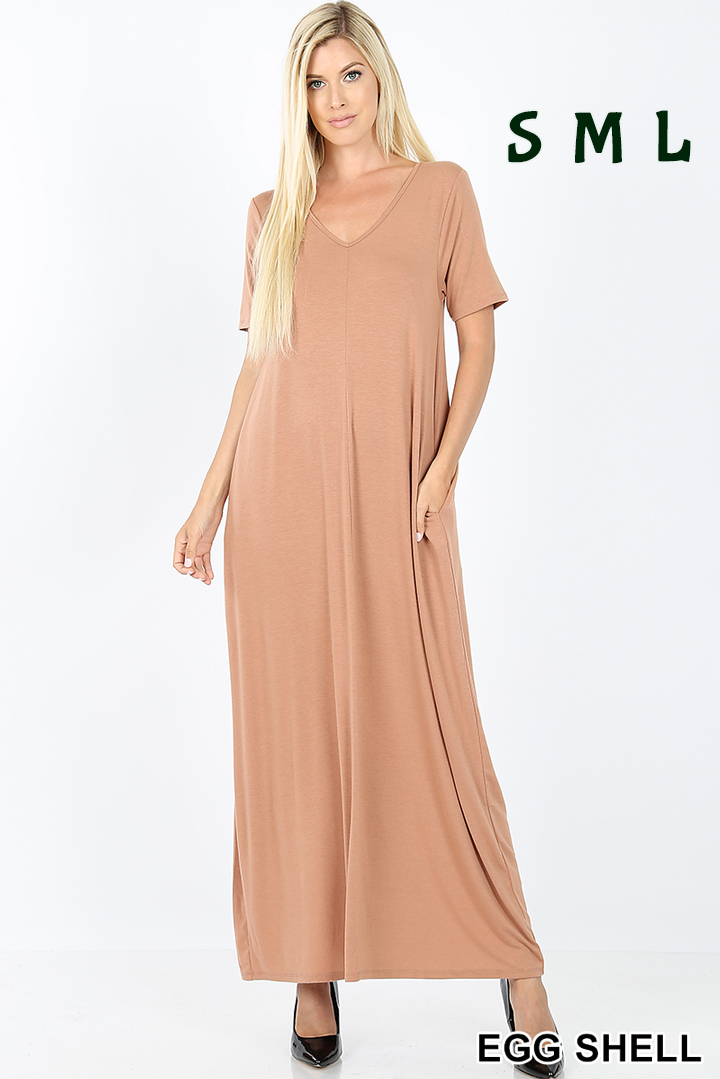 1550 1/4S VNeck Maxi DRESS w PKTS in EGGSHELL JV-I18C