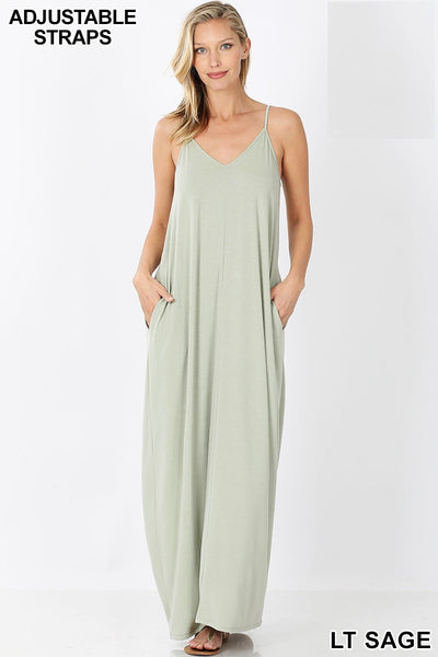 1553 0/0S VNeck ADJ Maxi Dress w PKTS in LT SAGE JV-T98A