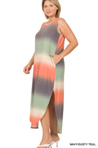 1557 0/0S RN Tie Dye Ombre Maxi DRESS w PKTs in NVY/DST TEAL JV-M22T