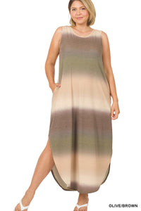 1558 0/0S RN Tie Dye Ombre Maxi DRESS w PKTS in OLIVE/BRWN JV-J37T