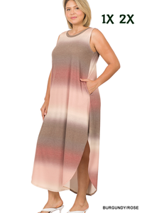 1559 0/0S RN Tie Dye Ombre Maxi DRESS w PKTS in BURG/ROSE JV-G32T