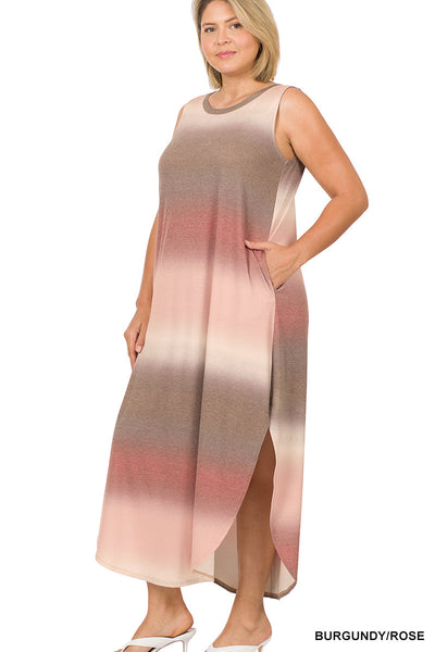 1559 0/0S RN Tie Dye Ombre Maxi DRESS w PKTS in BURG/ROSE JV-G32T
