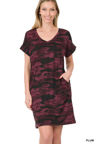 1566 1/4S DTY 92/8 V Neck DRESS in PLUM CAMO