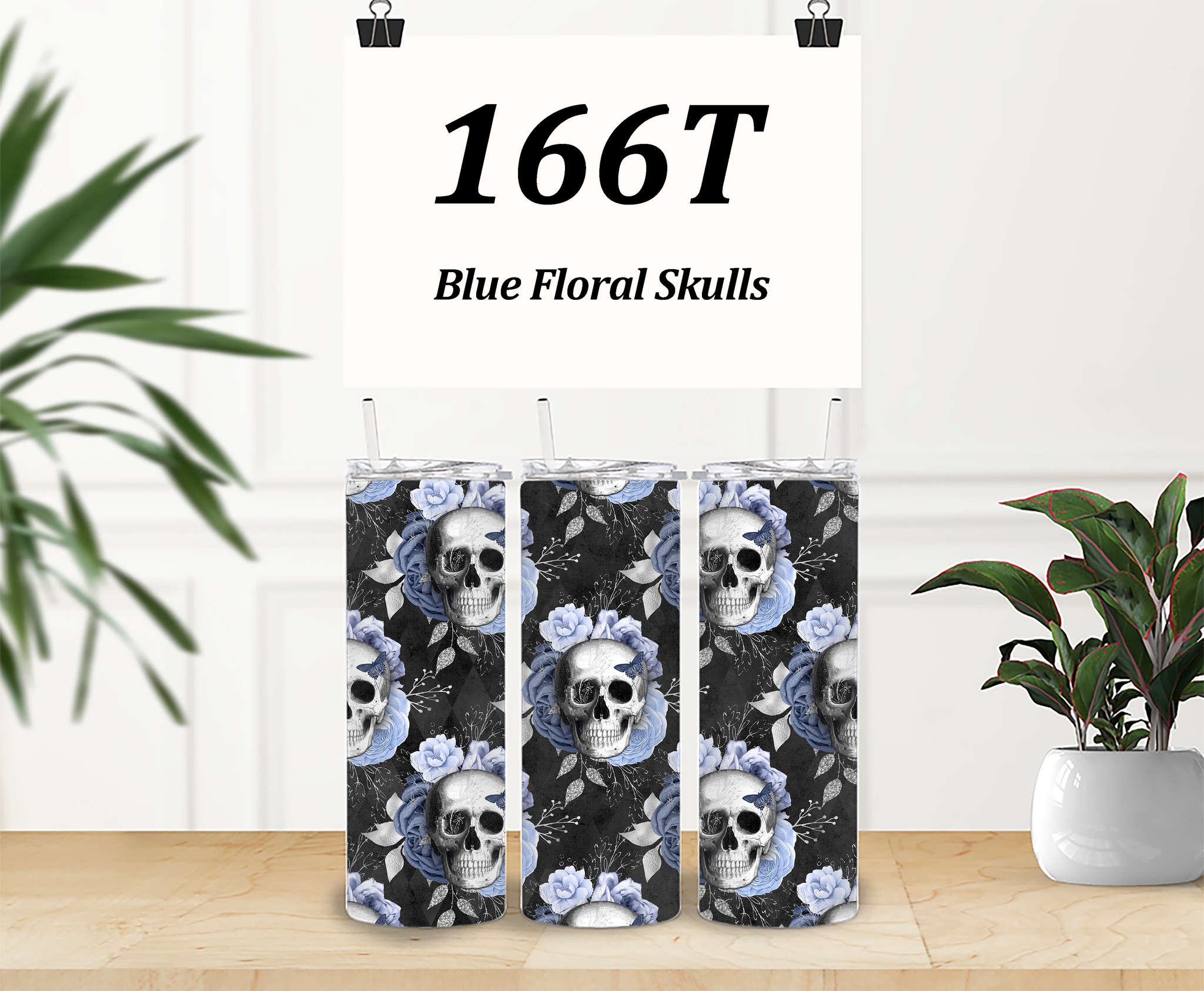 166T 20 OZ SS Blue Floral Skulls DESIGNER TUMBLER