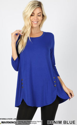 5323 3/4S Dolphin Hem w/ Side Buttons TOP in DENIM BLUE