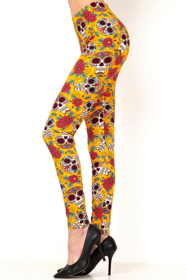 2051 Sugar Skulls on Gold LEGGINGS or CAPRI
