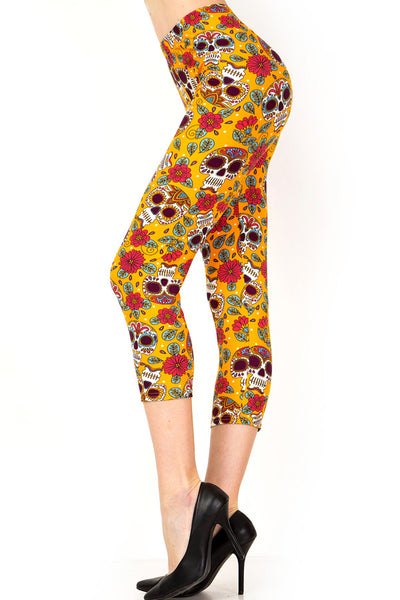 2051 Sugar Skulls on Gold LEGGINGS or CAPRI