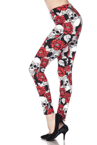 2053 Red Floral Skull LEGGINGS