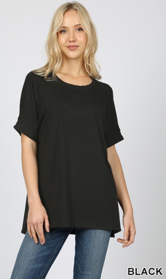 5450 1/4S Rolled R Neck HiLo Side Slit TOP in BLACK