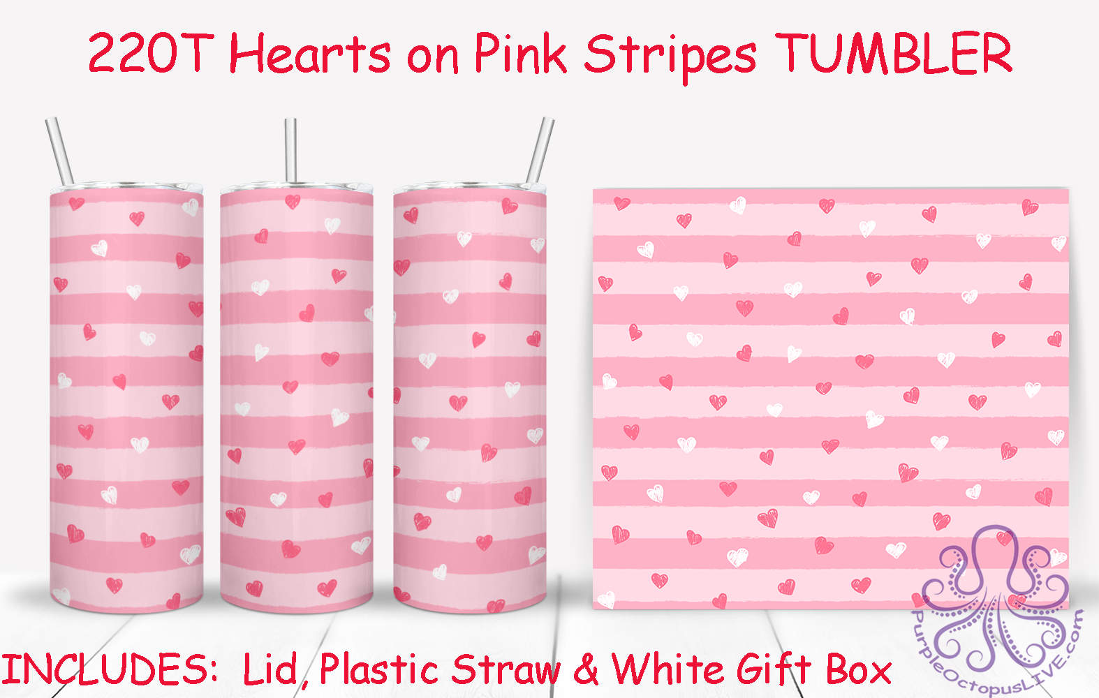 220T Hearts on Pink Stripes TUMBLER - TBM