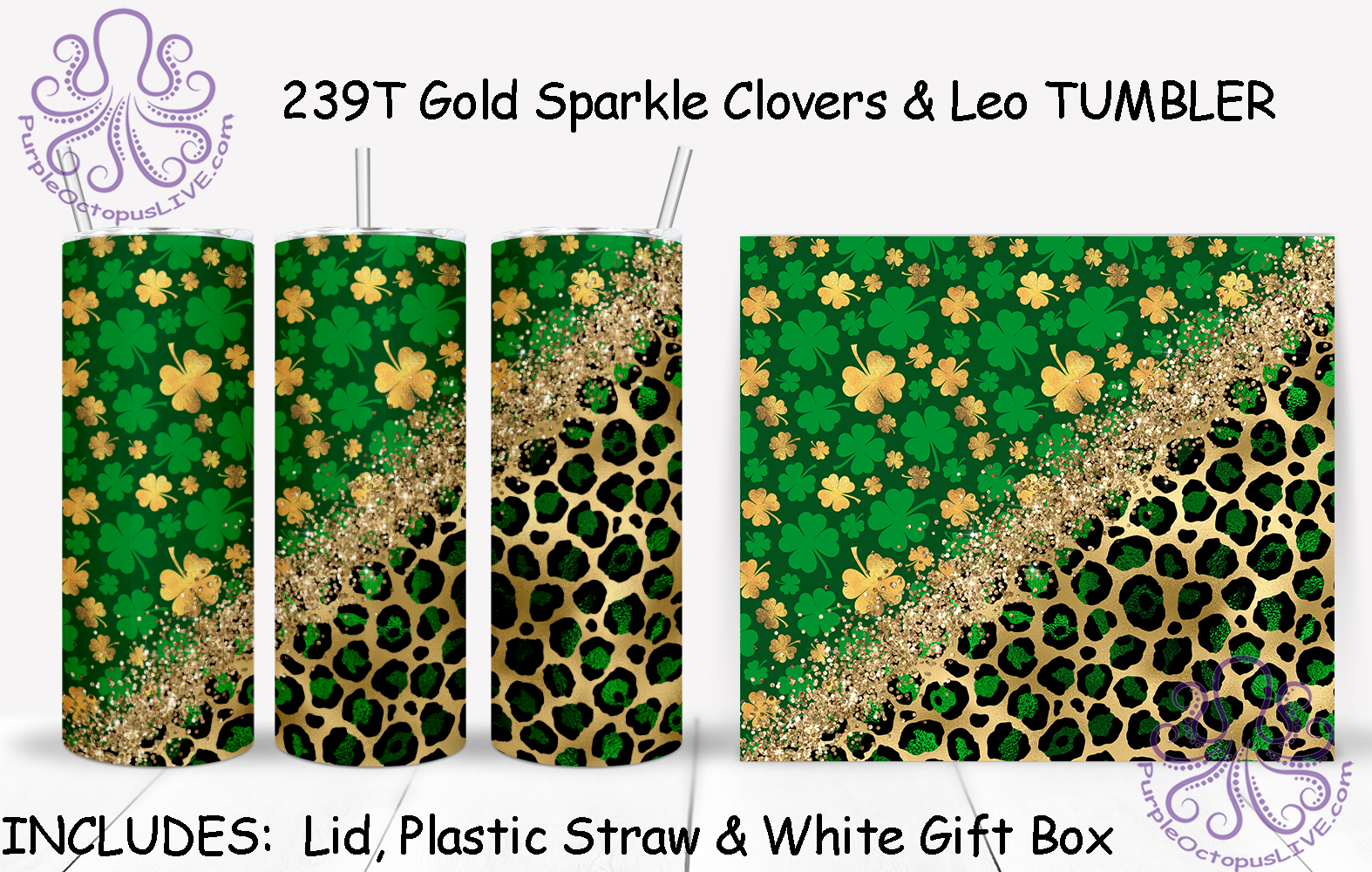 239T Gold Sparkle Clovers & Leo TUMBLER - TBM