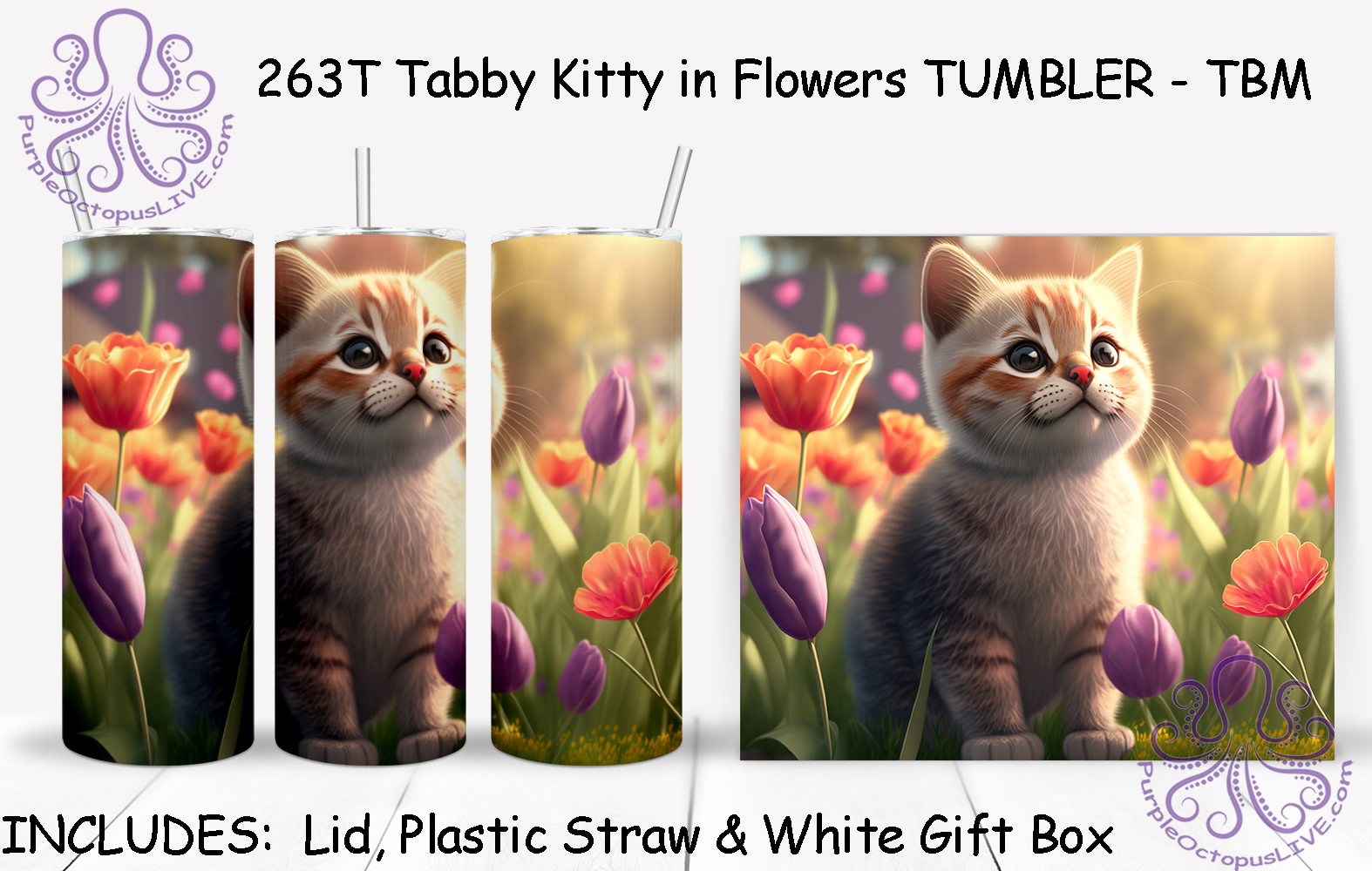 263T Tabby Kitty in Flowers TUMBLER - TBM