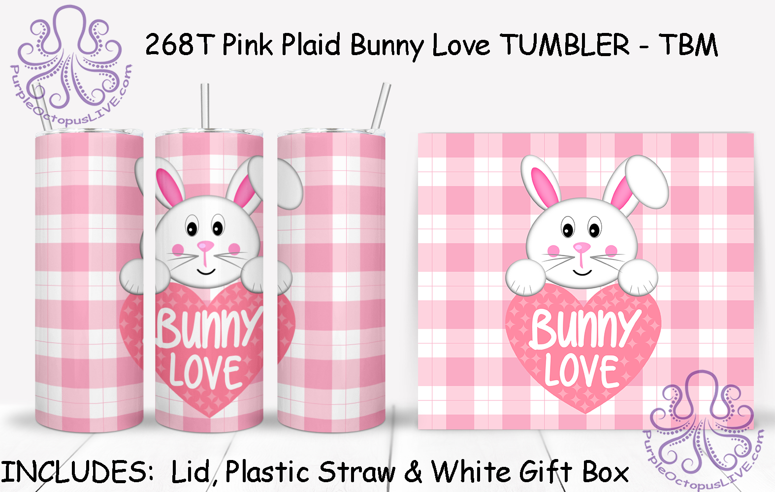 268T Pink Plaid Bunny Love TUMBLER - TBM