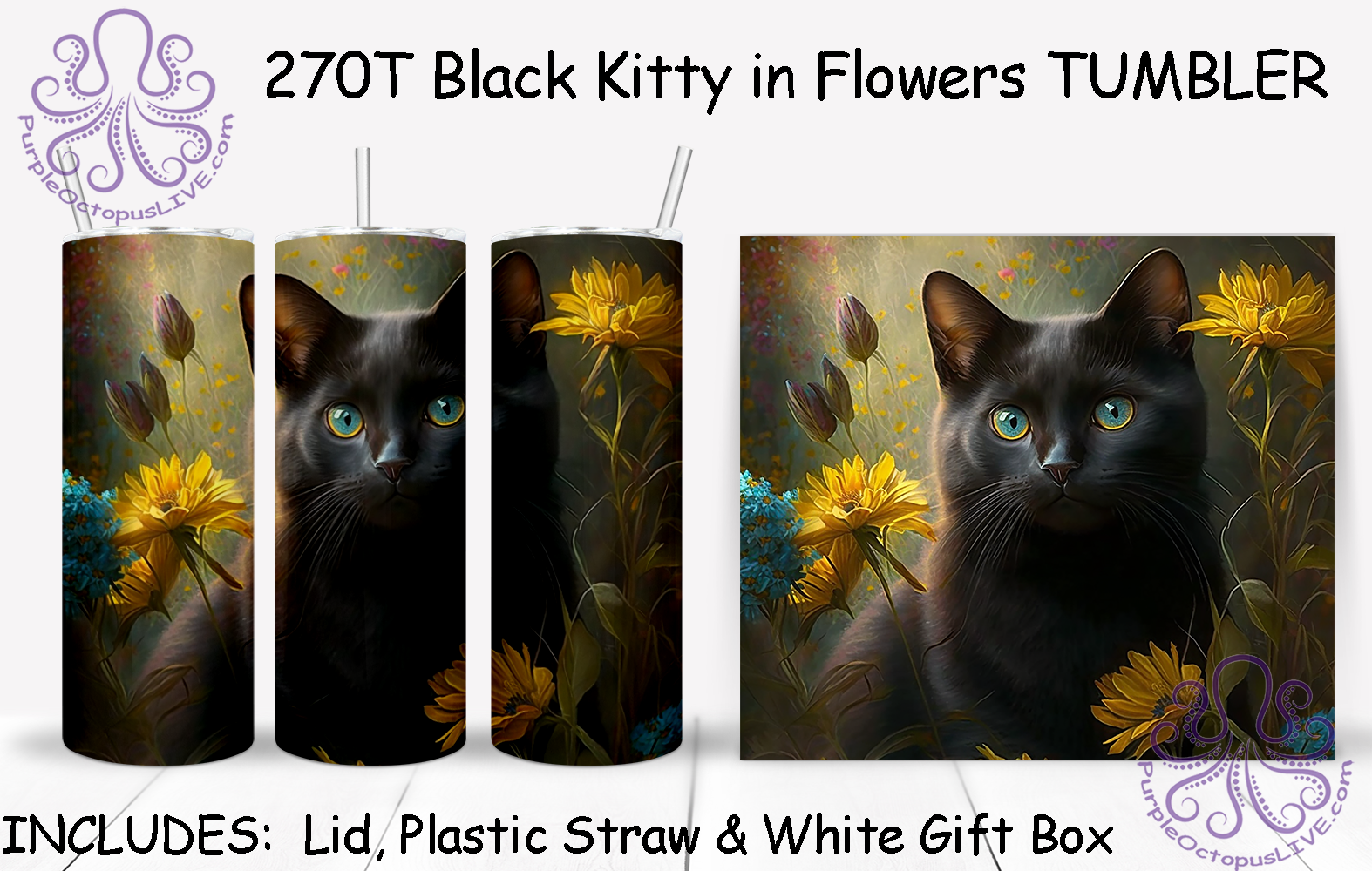 270T Black Kitty in Flowers TUMBLER - TBM