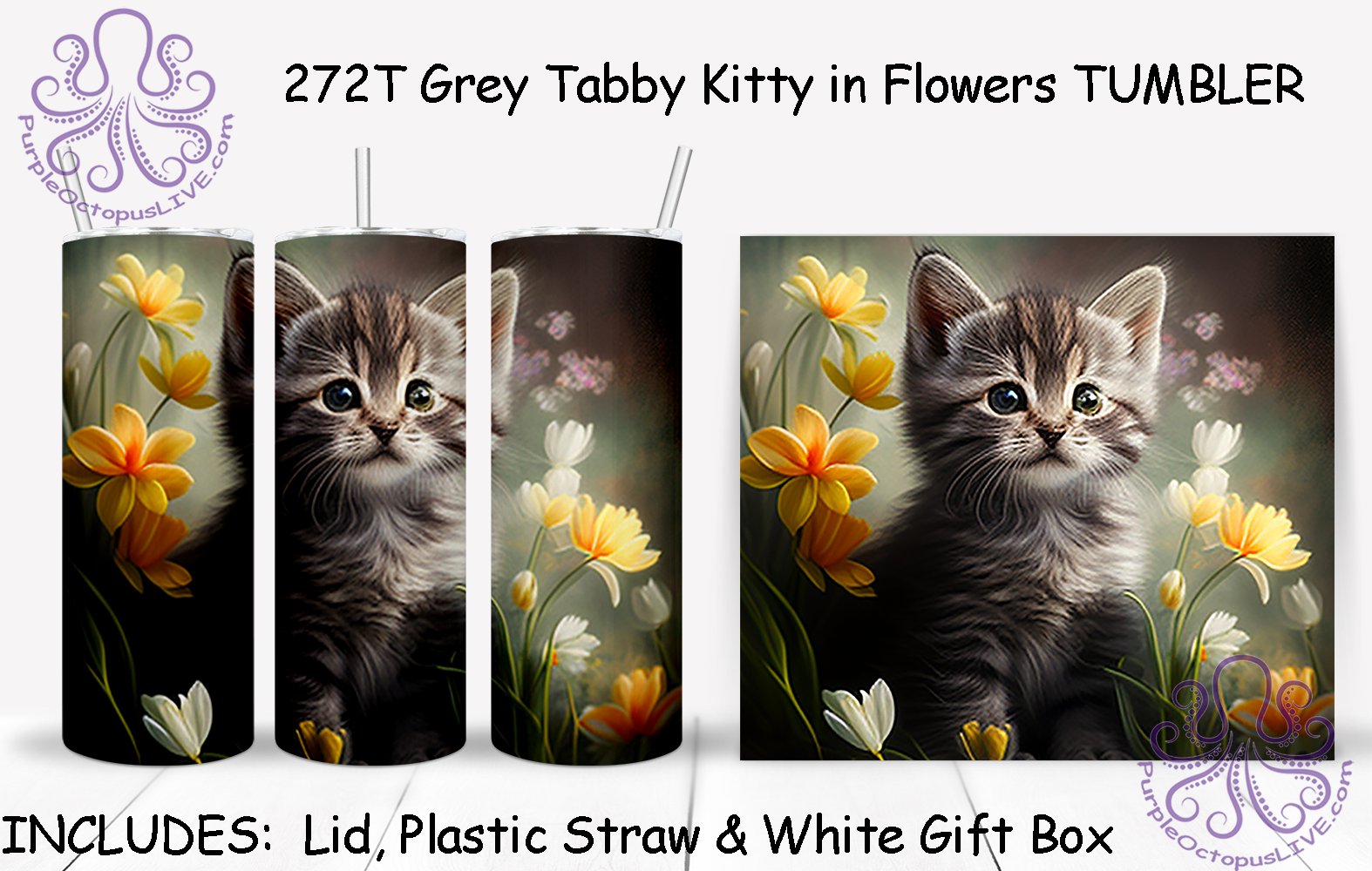 272T Grey Tabby Kitty in Flowers TUMBLER - TBM