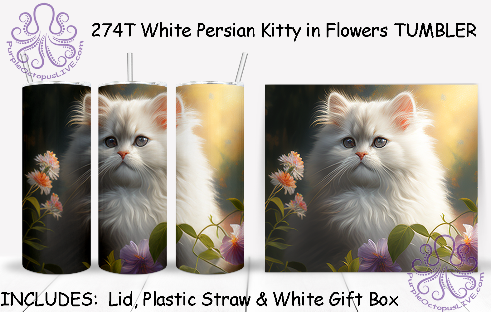 274T White Persian Kitty in Flowers TUMBLER - TBM