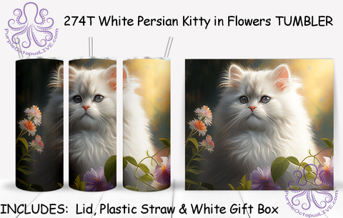 274T White Persian Kitty in Flowers TUMBLER - TBM