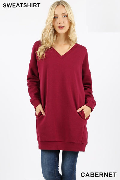5719 4/4S OVZ V Neck SWEATSHIRT w PKTS in CABERNET
