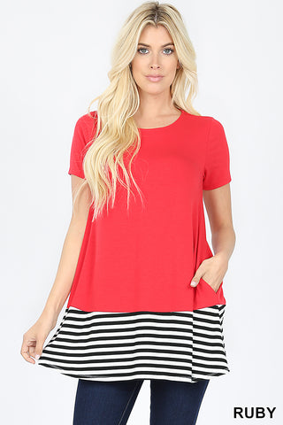 4147 1/4S Striped Contrast Round Neck TOP in RUBY