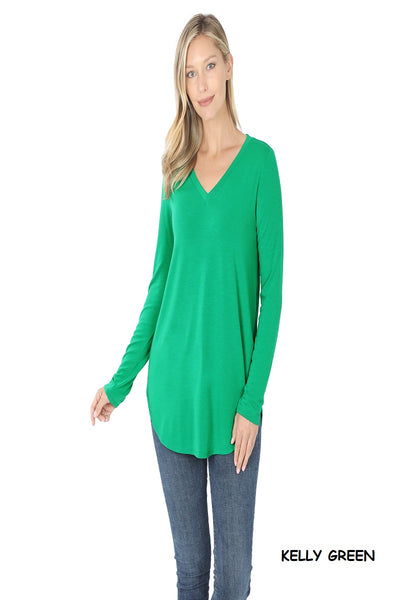 5981 4/4S V Neck Round Hem TOP in KELLY GREEN