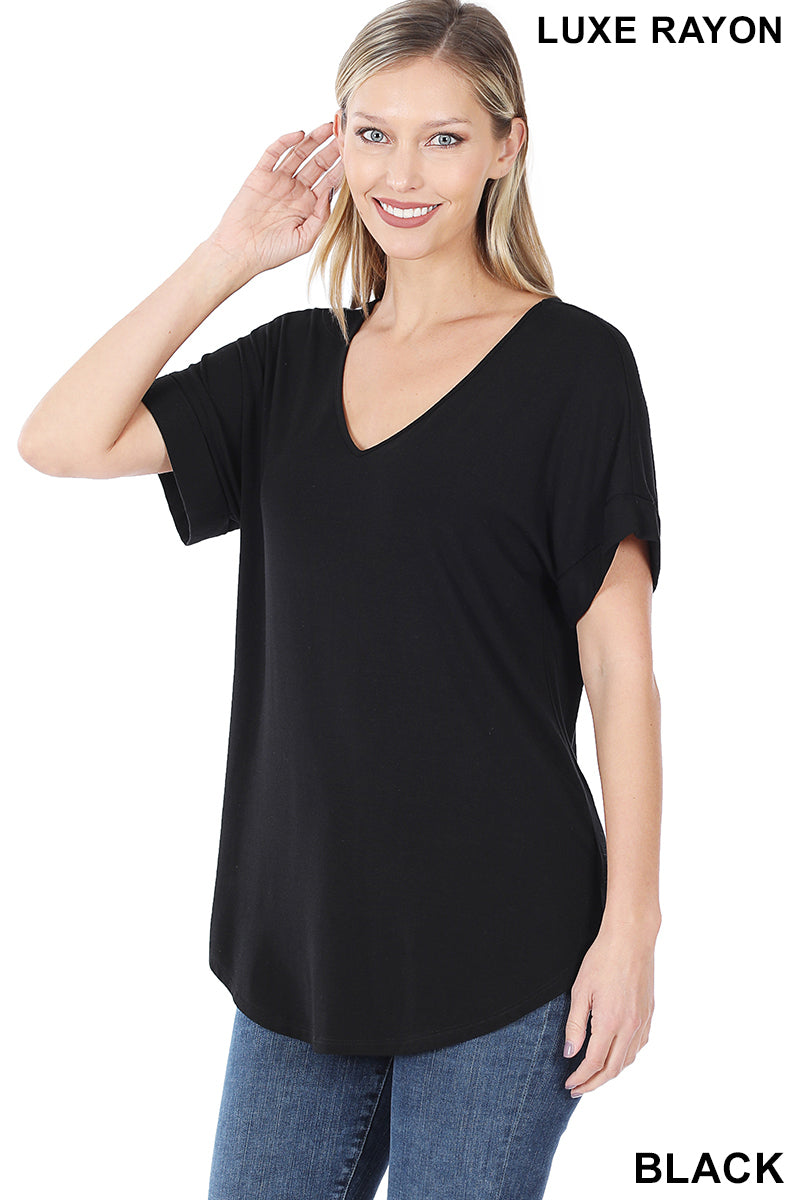 4151 1/4S Cuffed V Neck Round Hem TOP in BLACK