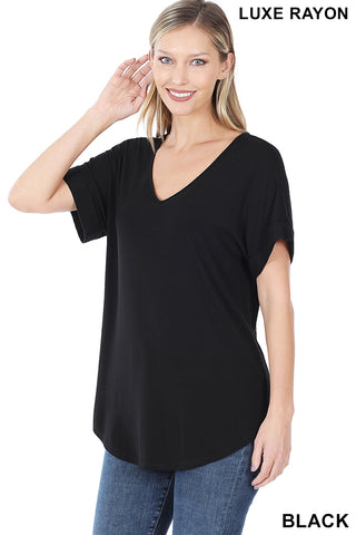 4151 1/4S Cuffed V Neck Round Hem TOP in BLACK