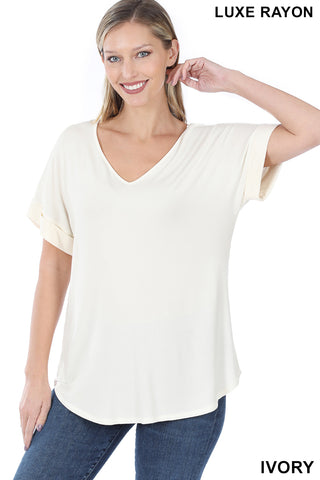 4152 1/4S Cuffed V Neck Round Hem TOP in IVORY