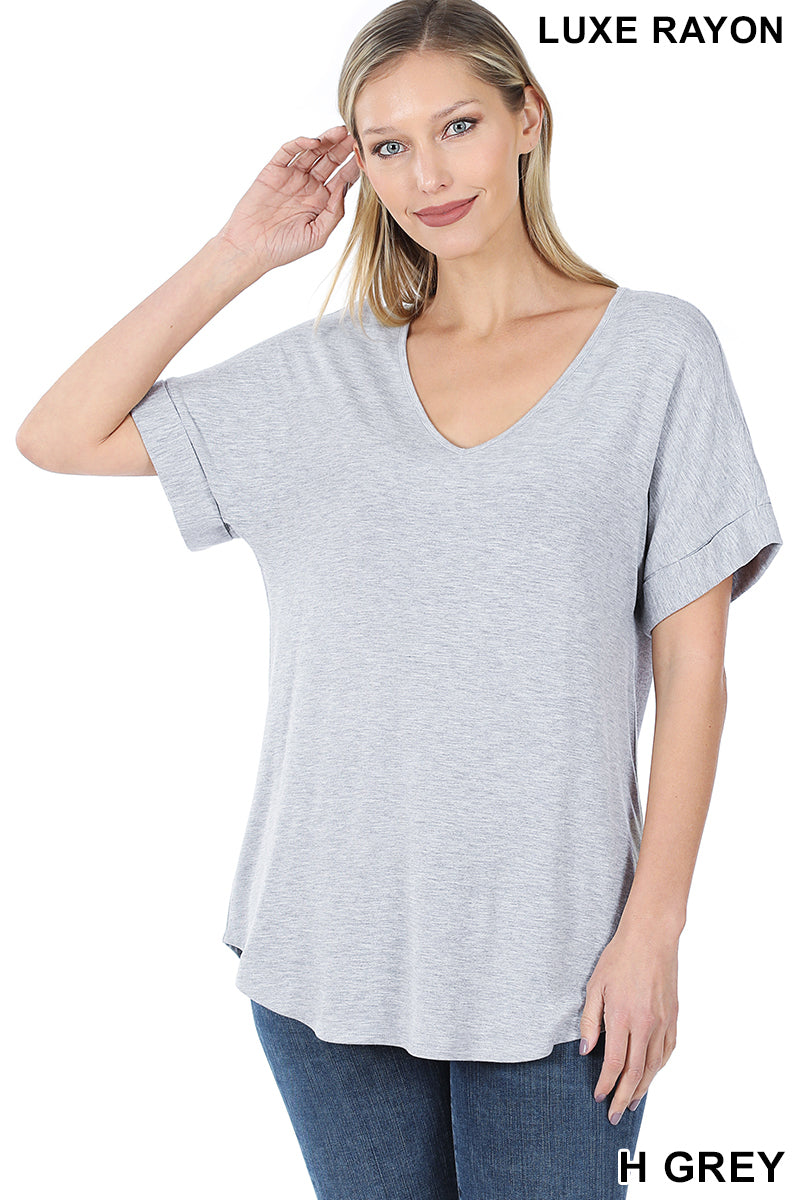 4153 1/4S Cuffed V Neck Round Hem TOP in H GREY