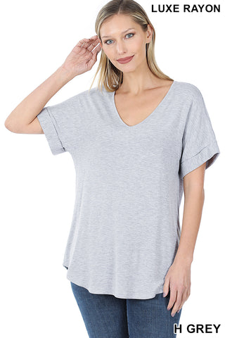 4153 1/4S Cuffed V Neck Round Hem TOP in H GREY
