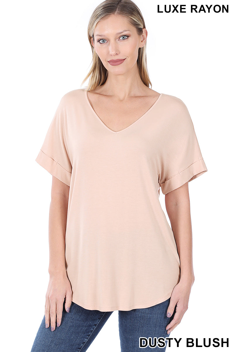 4155 1/4S Cuffed V Neck Round Hem TOP in DUSTY BLUSH