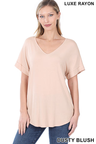 4155 1/4S Cuffed V Neck Round Hem TOP in DUSTY BLUSH