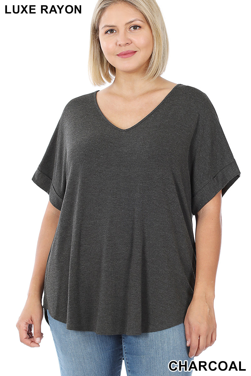 4156 1/4S Cuffed V Neck Round Hem TOP in CHARCOAL