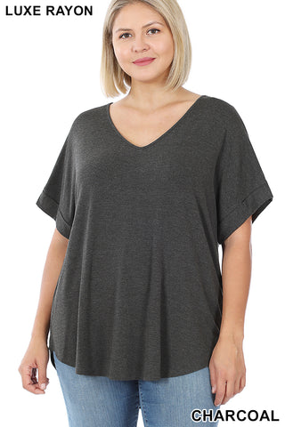 4156 1/4S Cuffed V Neck Round Hem TOP in CHARCOAL