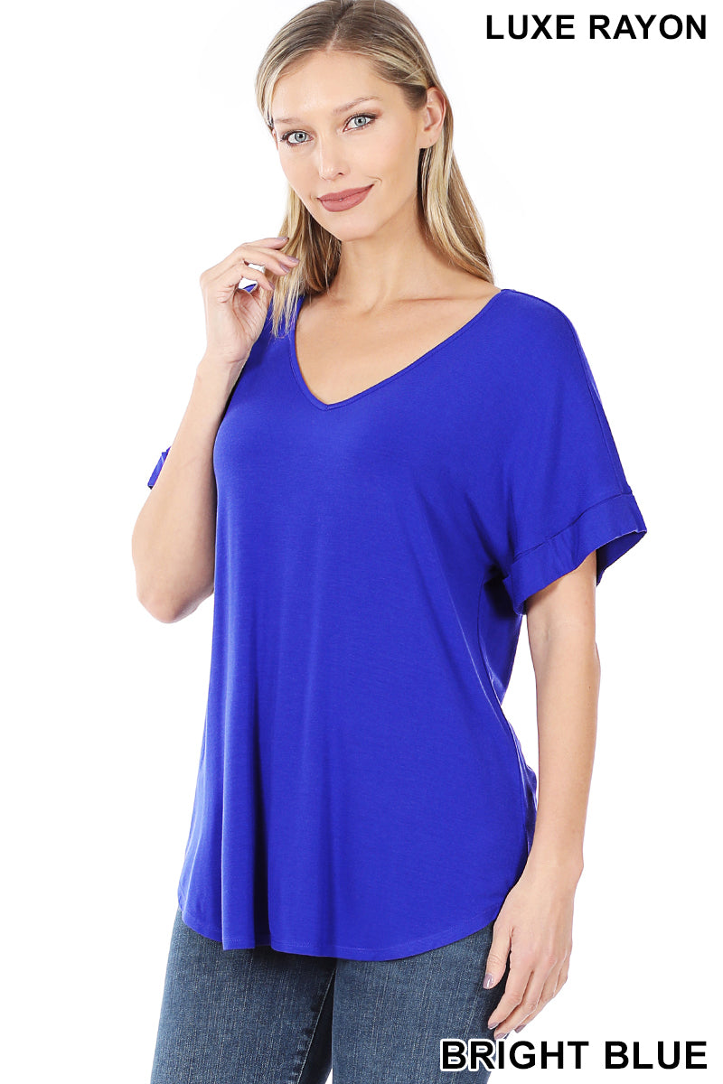 4157 1/4S Cuffed V Neck Round Hem TOP in BRIGHT BLUE