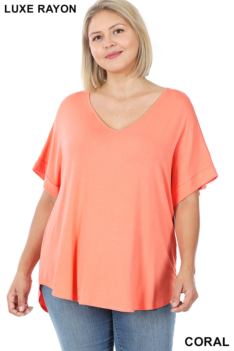 4158 1/4S Cuffed V Neck Round Hem TOP in CORAL
