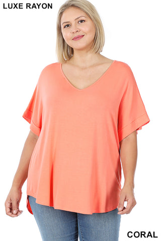 4158 1/4S Cuffed V Neck Round Hem TOP in CORAL