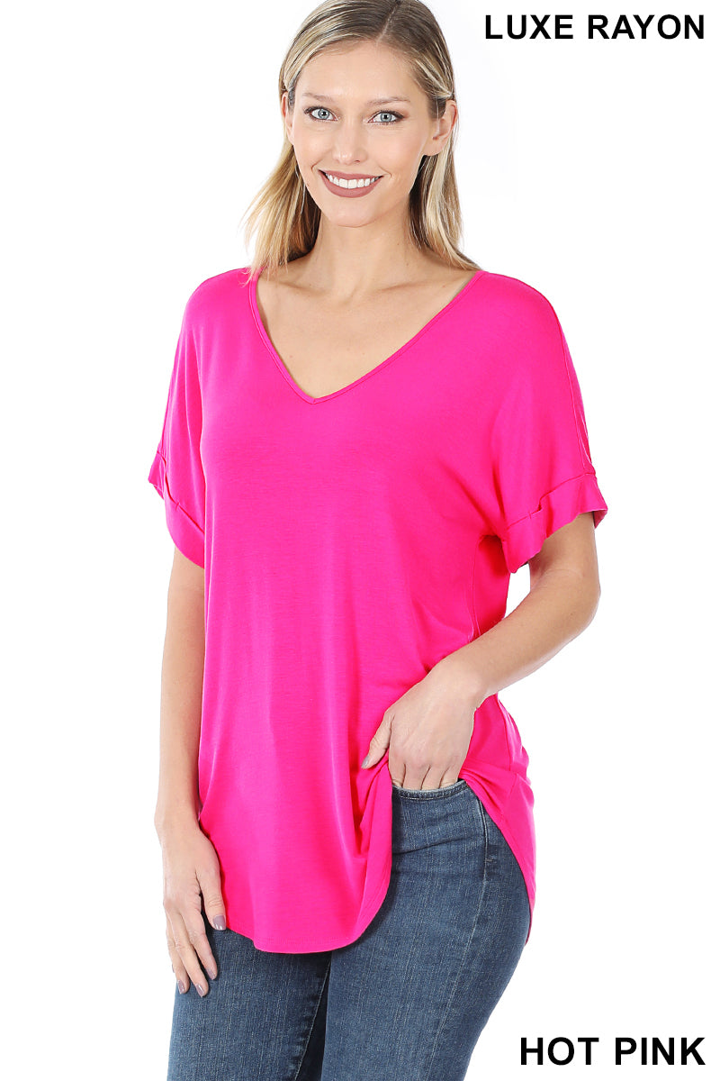 4159 1/4S Cuffed V Neck Round Hem TOP in HOT PINK